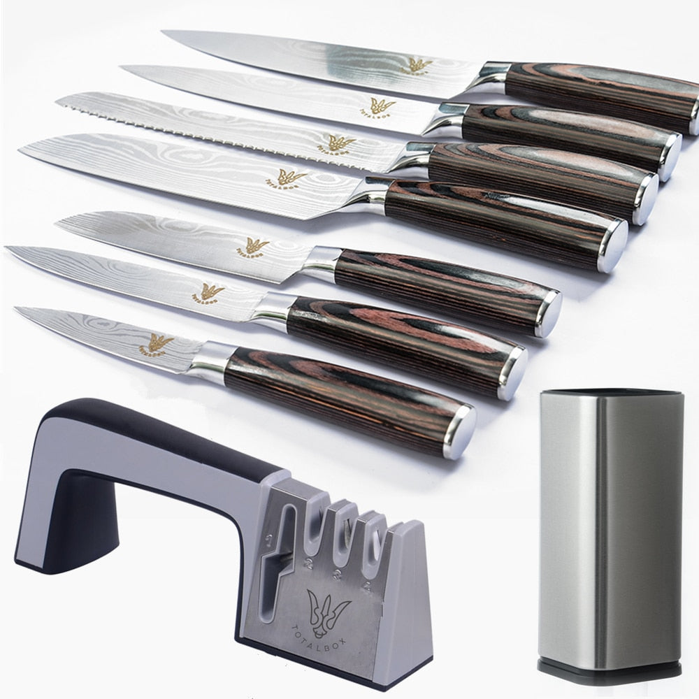 7pcs Kitchen Stainless Steel Knives Set Damascus Pattern Blade Knife Sheath Cover Chef Bread Slicing Santoku Utility Knife