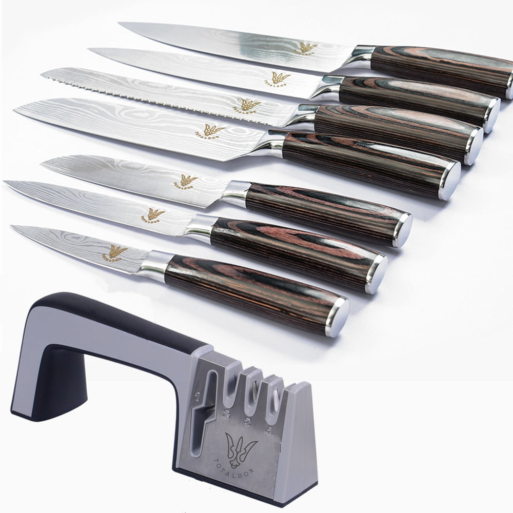 7pcs Kitchen Stainless Steel Knives Set Damascus Pattern Blade Knife Sheath Cover Chef Bread Slicing Santoku Utility Knife