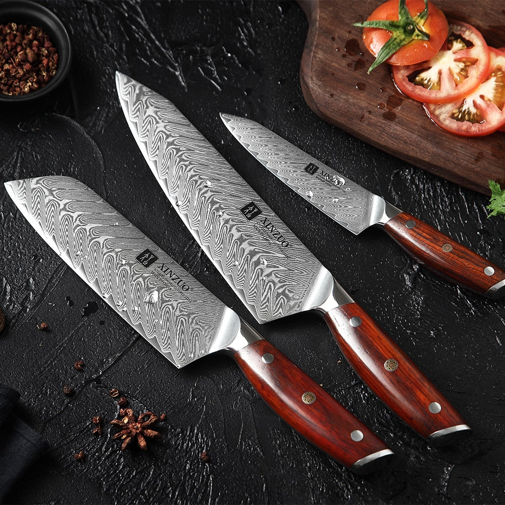 3PCS Kitchen Knives Sets VG10 Damascus Steel Santoku Kitchen Chef Knives Sharp Cleaver Slicing Knives Gift Knife Tools